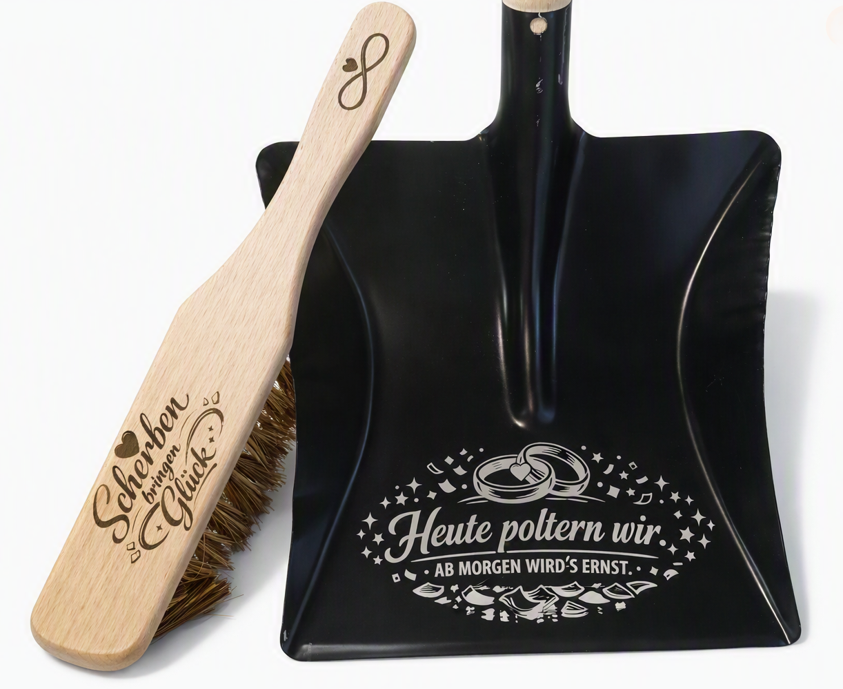 Kehrblech‑Set „Polterabend & Glück“ – personalisierbar